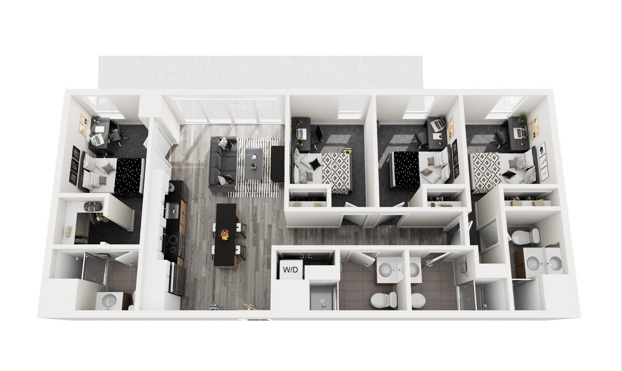 Modern 3-bedroom apartment floor plan showcasing open-concept living with a sleek kitchen, cozy living area, and two contemporary bathrooms.