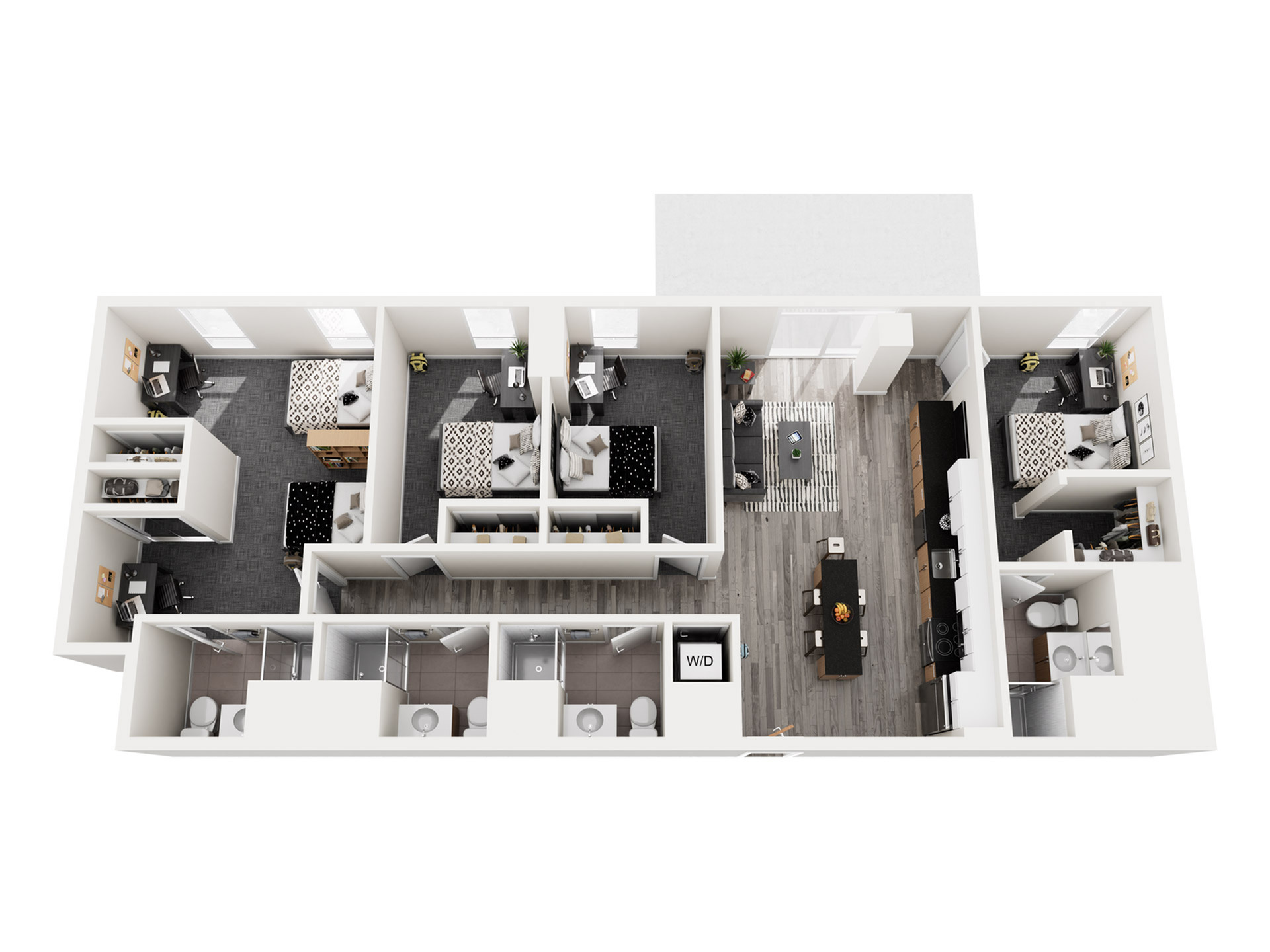 Elegant 3D floor plan showcasing 3 bedrooms, a modern open kitchen, and a stylish living room, perfect for contemporary living.