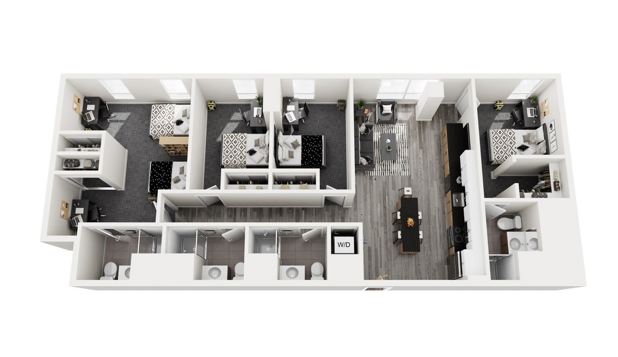 Modern 3D apartment floor plan with 4 spacious bedrooms, 2 luxurious bathrooms, open kitchen, and cozy living area.