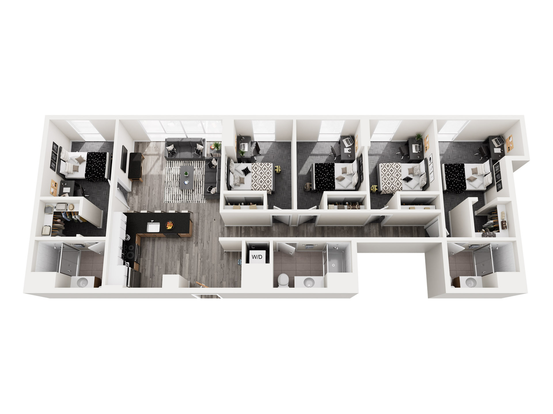 Modern 3D floor plan showcasing 4 bedrooms, open-concept living space, gourmet kitchen, and sleek bathrooms, perfect for stylish apartment living.