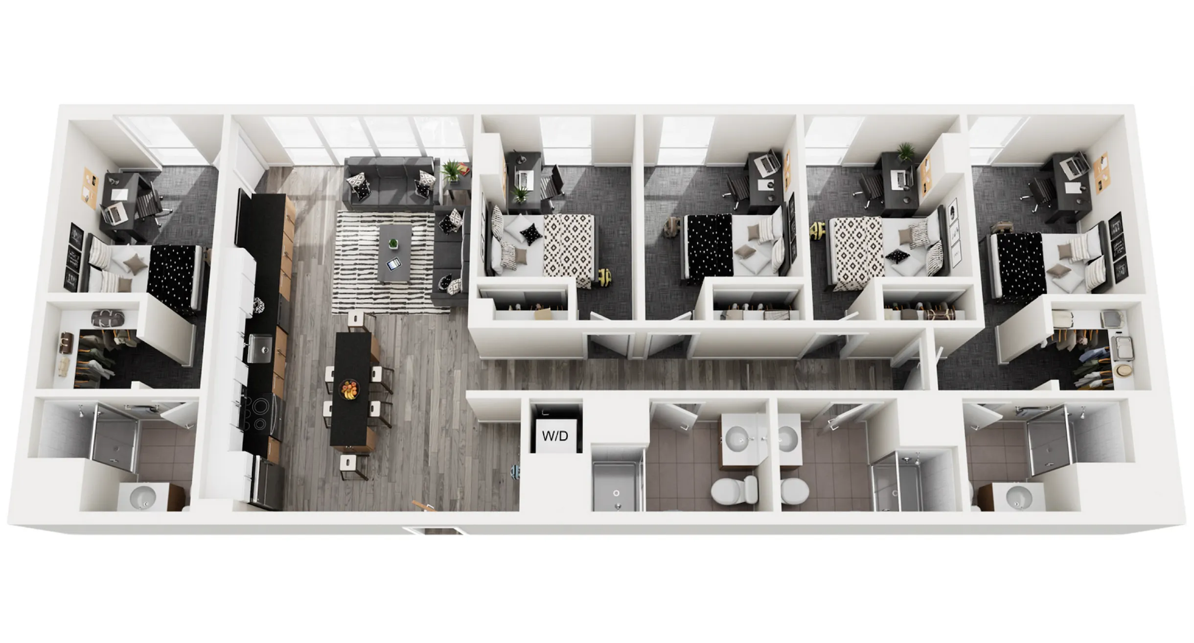 Modern 3D floor plan showcasing four bedrooms, a stylish living area, gourmet kitchen, and convenient laundry space, perfect for contemporary living.