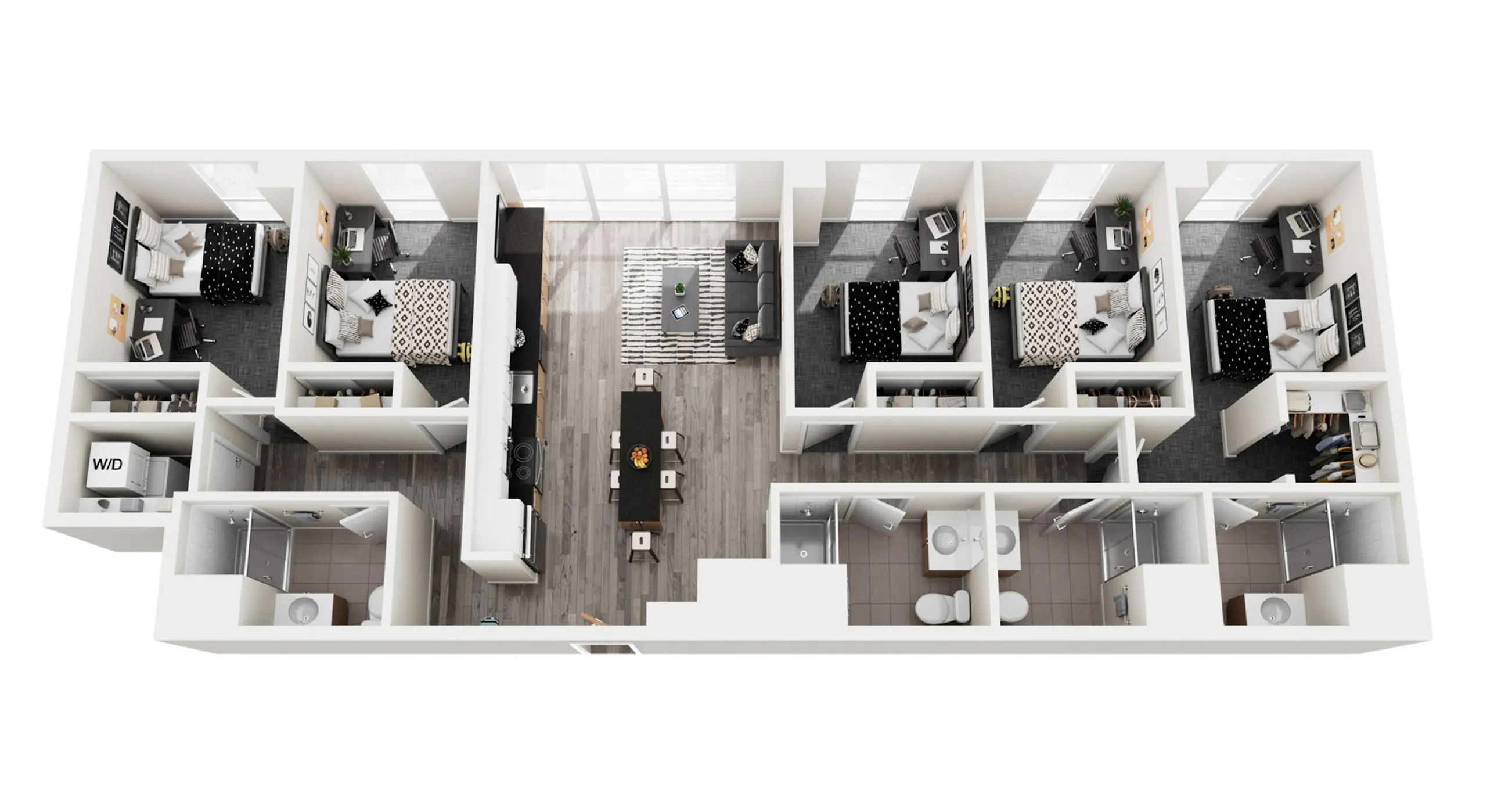 Modern apartment floor plan showcasing four bedrooms, spacious open-concept living and dining area, sleek kitchen, and multiple bathrooms, ideal for comfortable living.