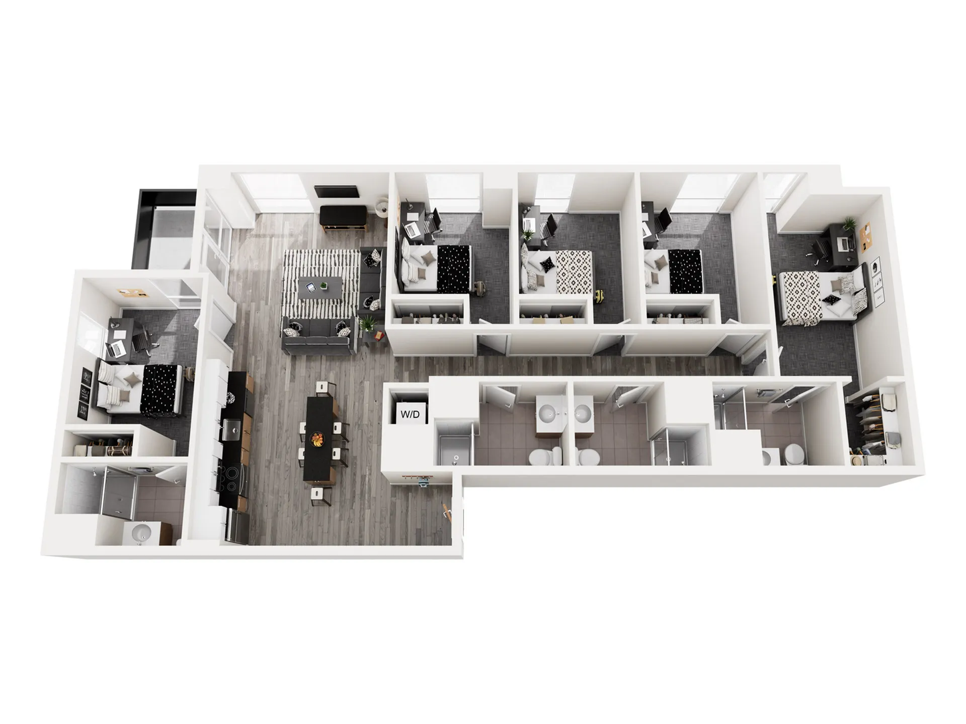 Elegant 3D floor plan showcasing 4 bedrooms, a stylish open-concept living area, and a modern kitchen with dining space.