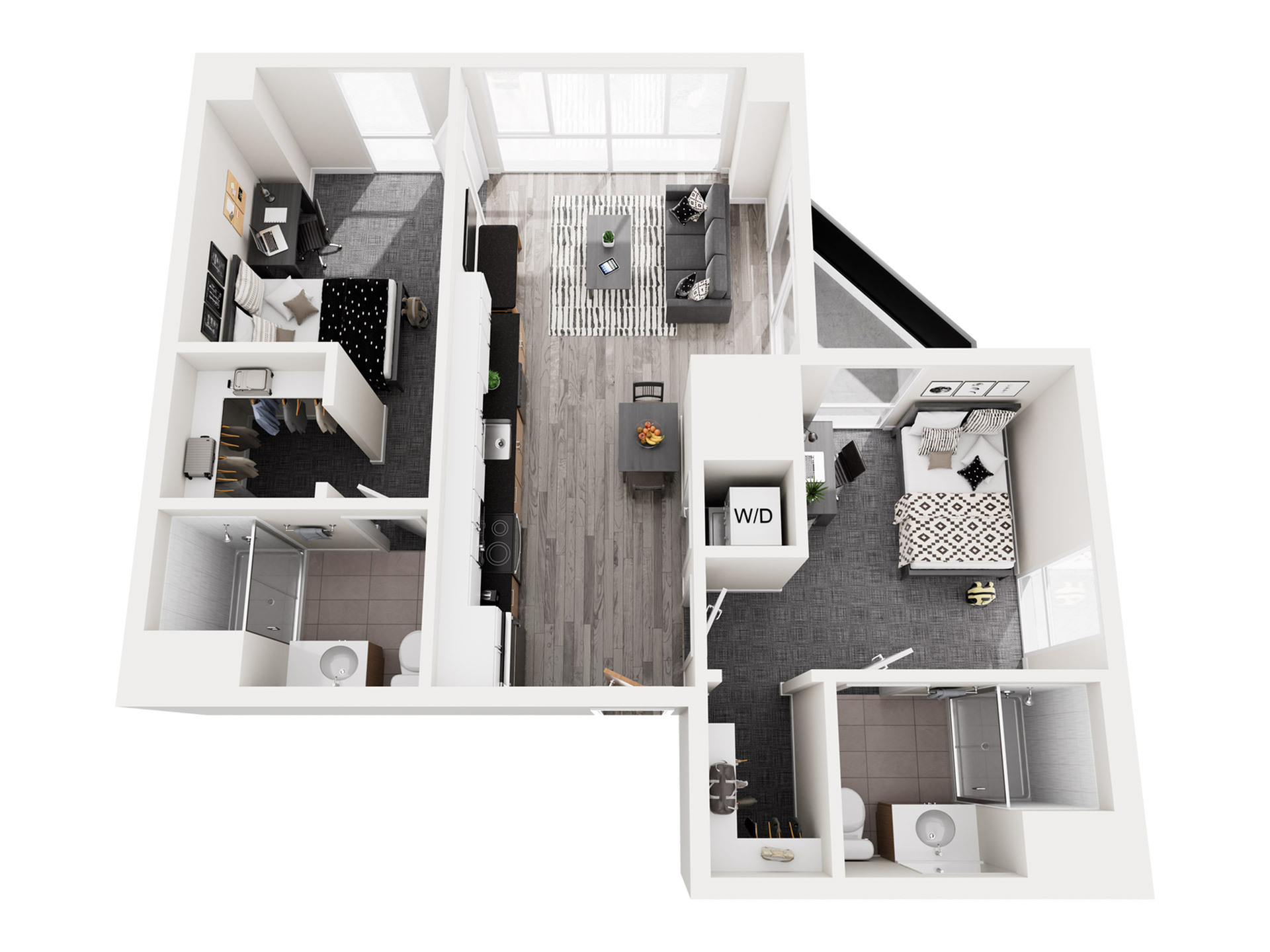 Modern 3D floor plan showcasing 2 cozy bedrooms, stylish living area, sleek kitchen, and convenient laundry area, perfect for contemporary living.
