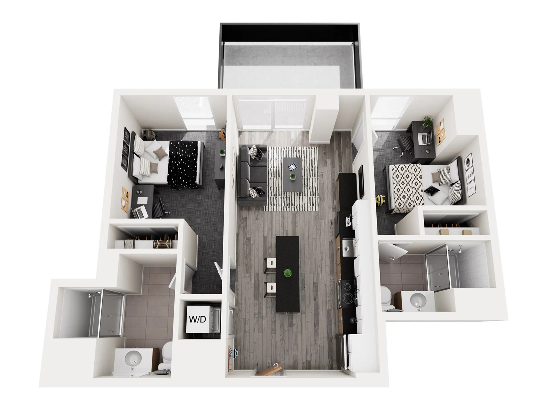 Modern 3D floor plan showcasing a chic two-bedroom apartment with a sleek kitchen, airy living area, and two stylish bathrooms.