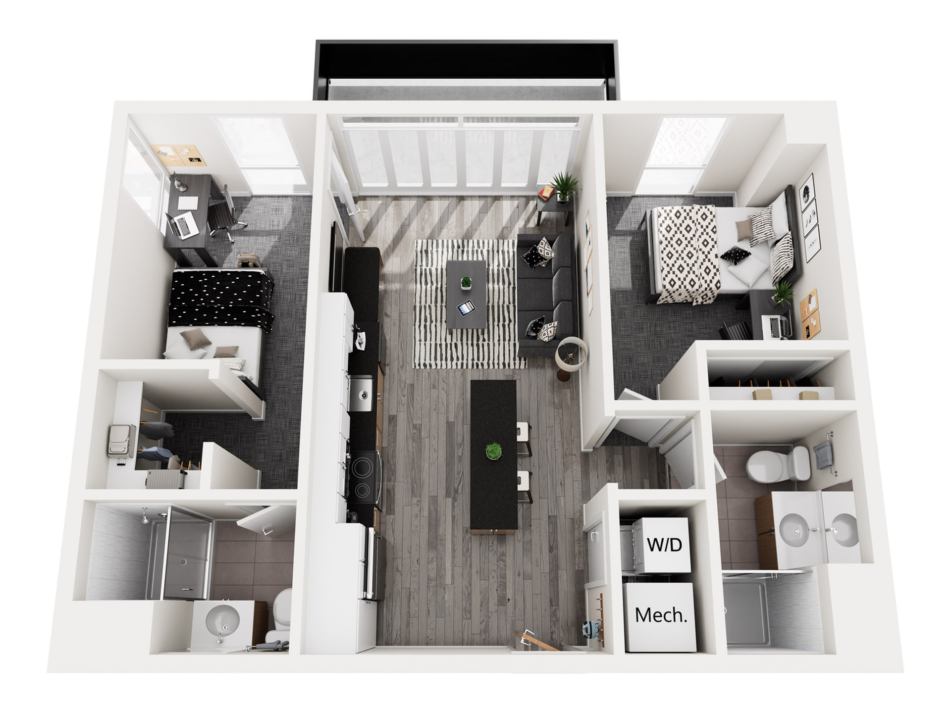 Modern 2D floor plan showcasing two cozy bedrooms, an open-concept living area with stylish accents, and a sleek kitchen perfect for entertaining.