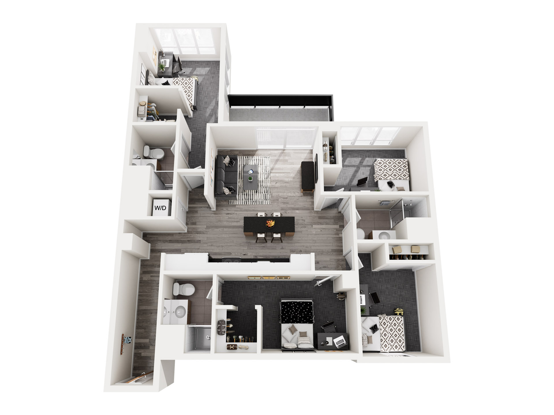 Modern 3D floor plan showcasing a sleek three-bedroom apartment with spacious living area, stylish kitchen, and private balcony access. Includes two elegant bathrooms and a convenient laundry area.