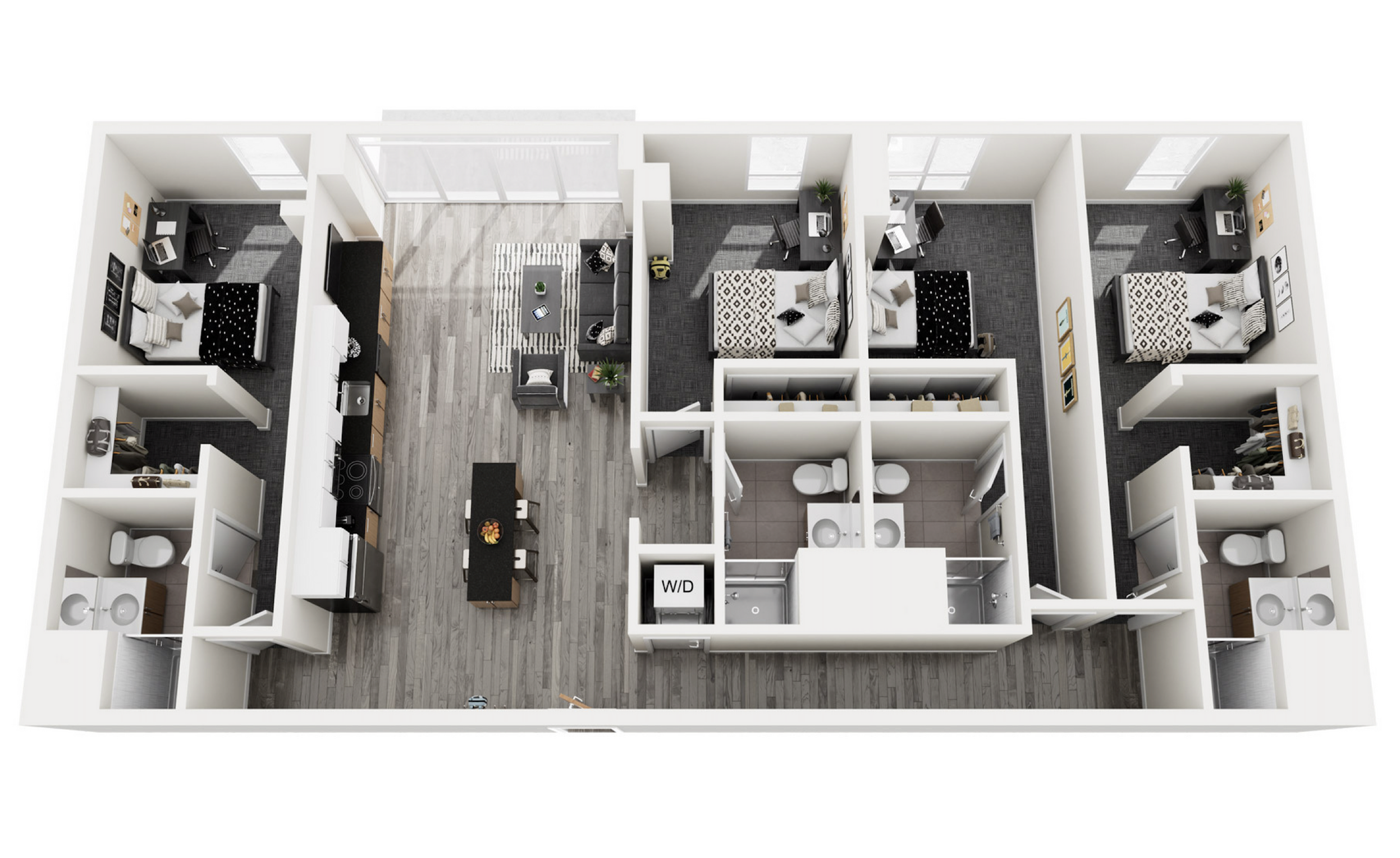 Modern 3D apartment floor plan showcasing three bedrooms, two bathrooms, a sleek kitchen, and a spacious living area with abundant natural light.