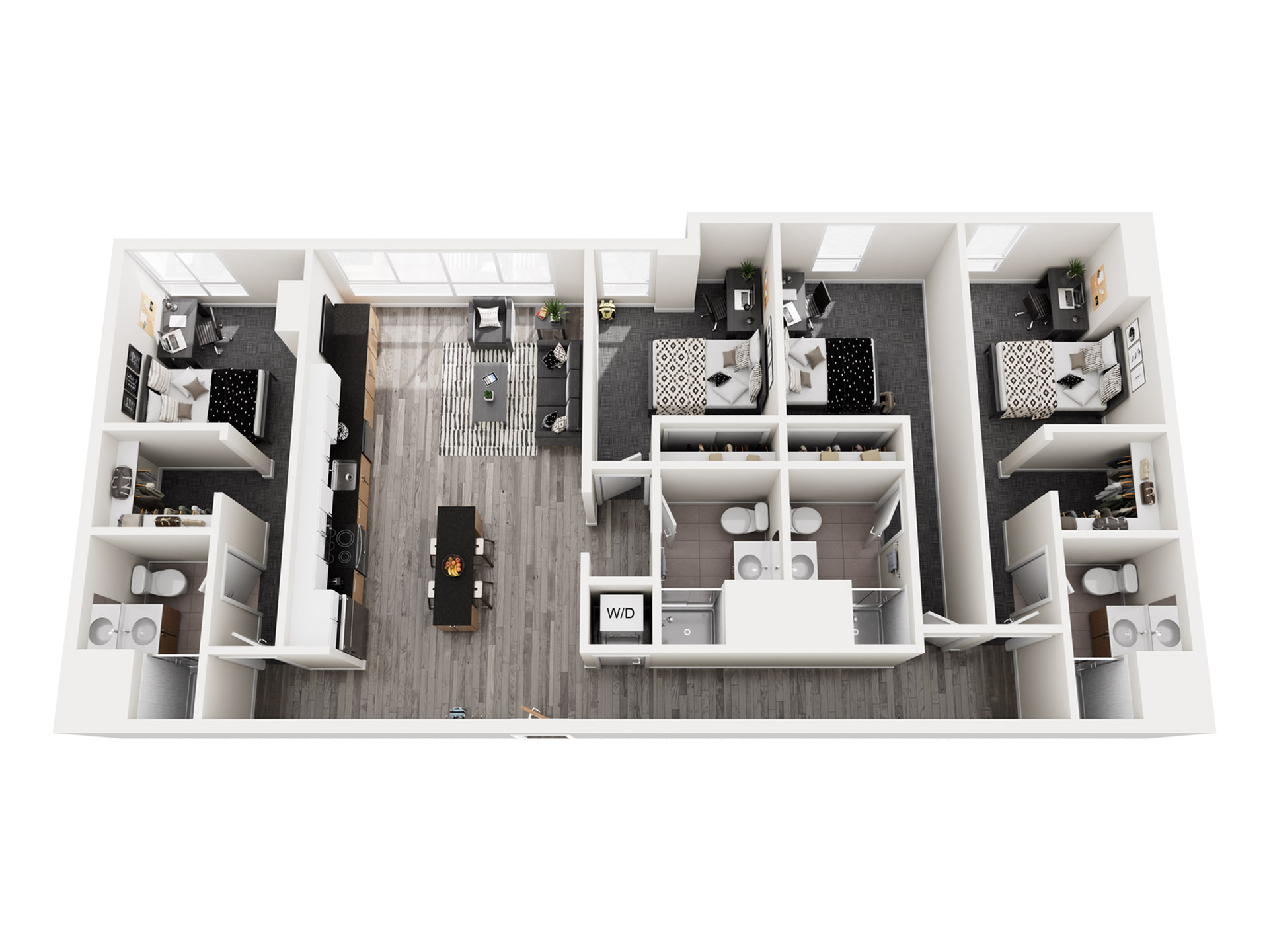 Modern 3D floor plan showcasing a spacious layout with three bedrooms, two bathrooms, an open-concept kitchen and living area, and elegant finishes.
