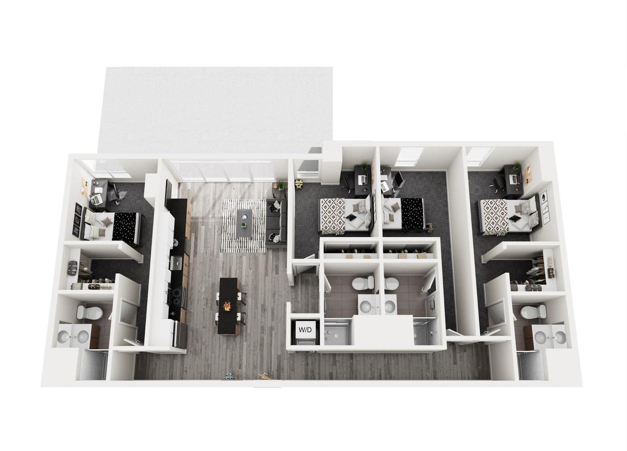 Elegant 3D floor plan showcasing 3 bedrooms, a modern open-concept living area, stylish kitchen, and dual bathrooms.