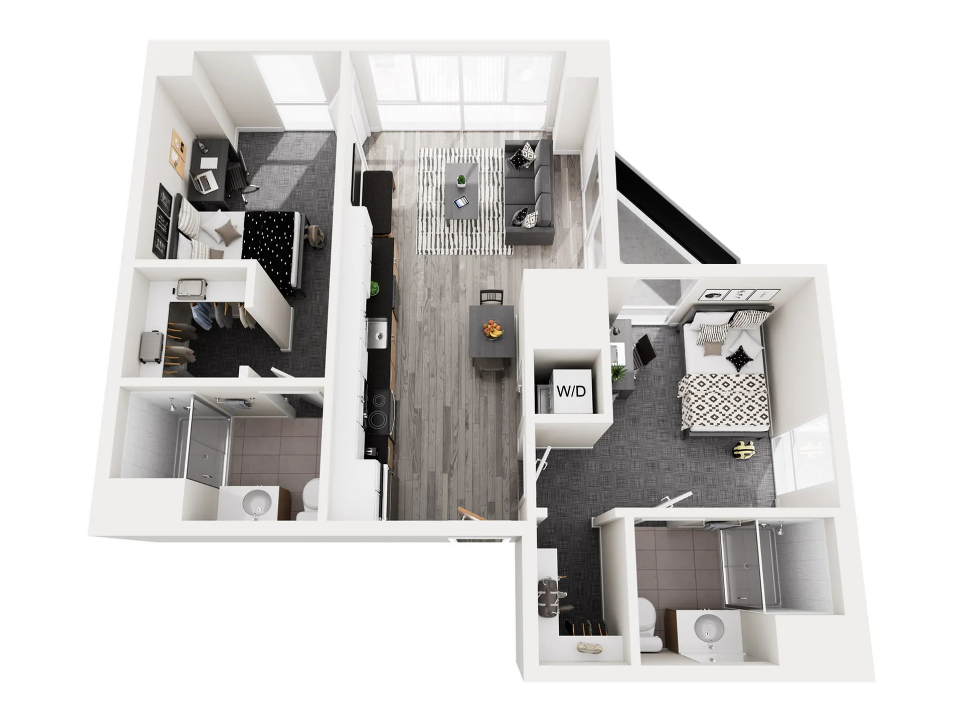 Modern 3D apartment layout featuring 2 bedrooms, a cozy living area, a sleek kitchen, and two bathrooms with elegant design.