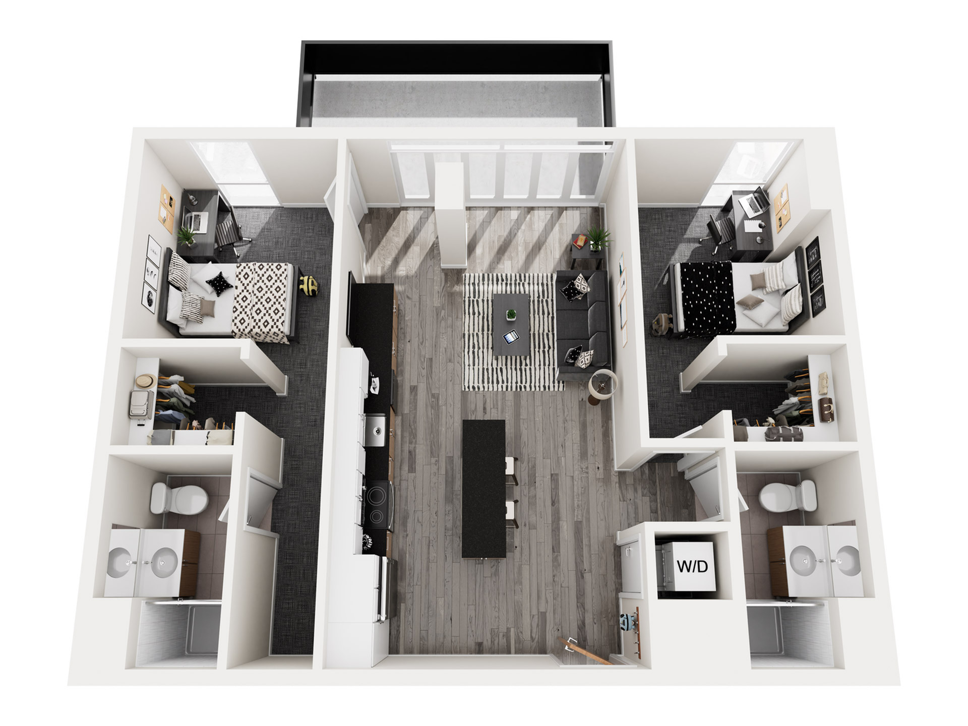 Modern 3D floor plan showcasing two bedrooms, a chic open-concept living area, elegant kitchen, and two bathrooms for a luxurious lifestyle.