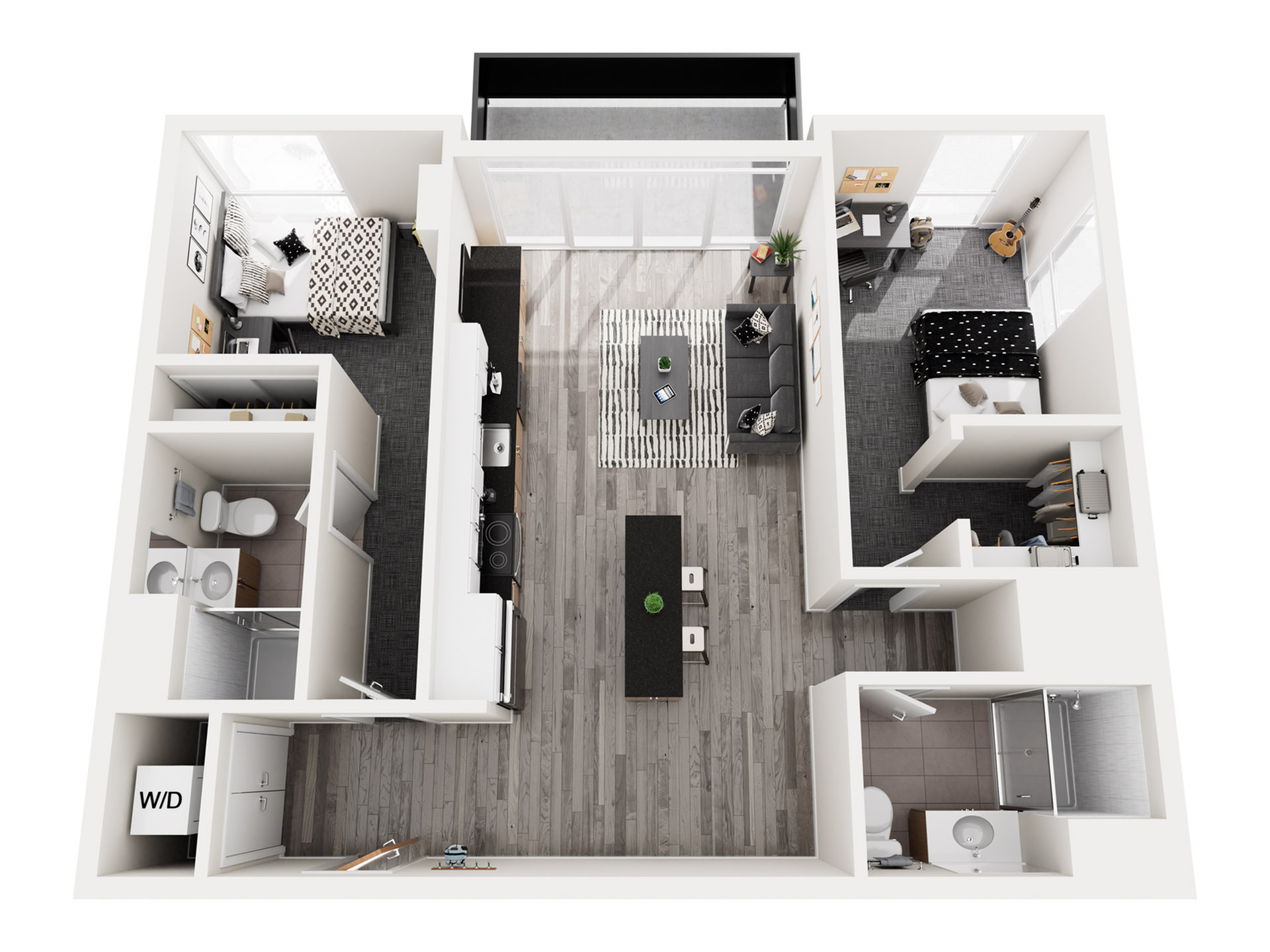 Modern 3D floor plan showcasing 2 elegant bedrooms, open-concept living and kitchen area, two sleek bathrooms, and a convenient washer/dryer setup.