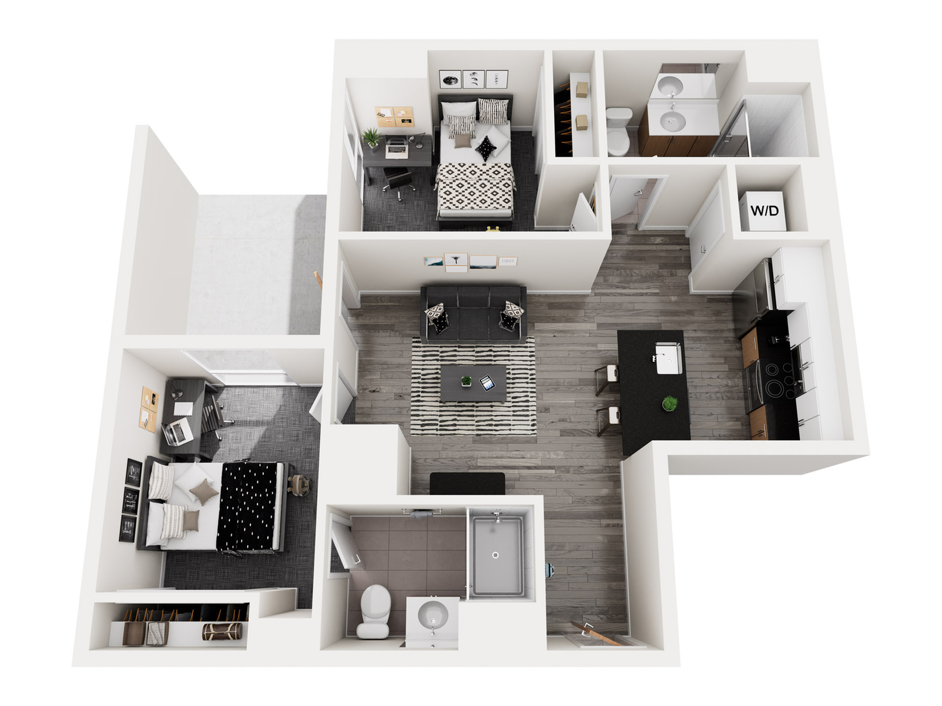 Contemporary 3D floor plan featuring 2 bedrooms, a stylish open living area, modern kitchen, and convenient bathroom layout.