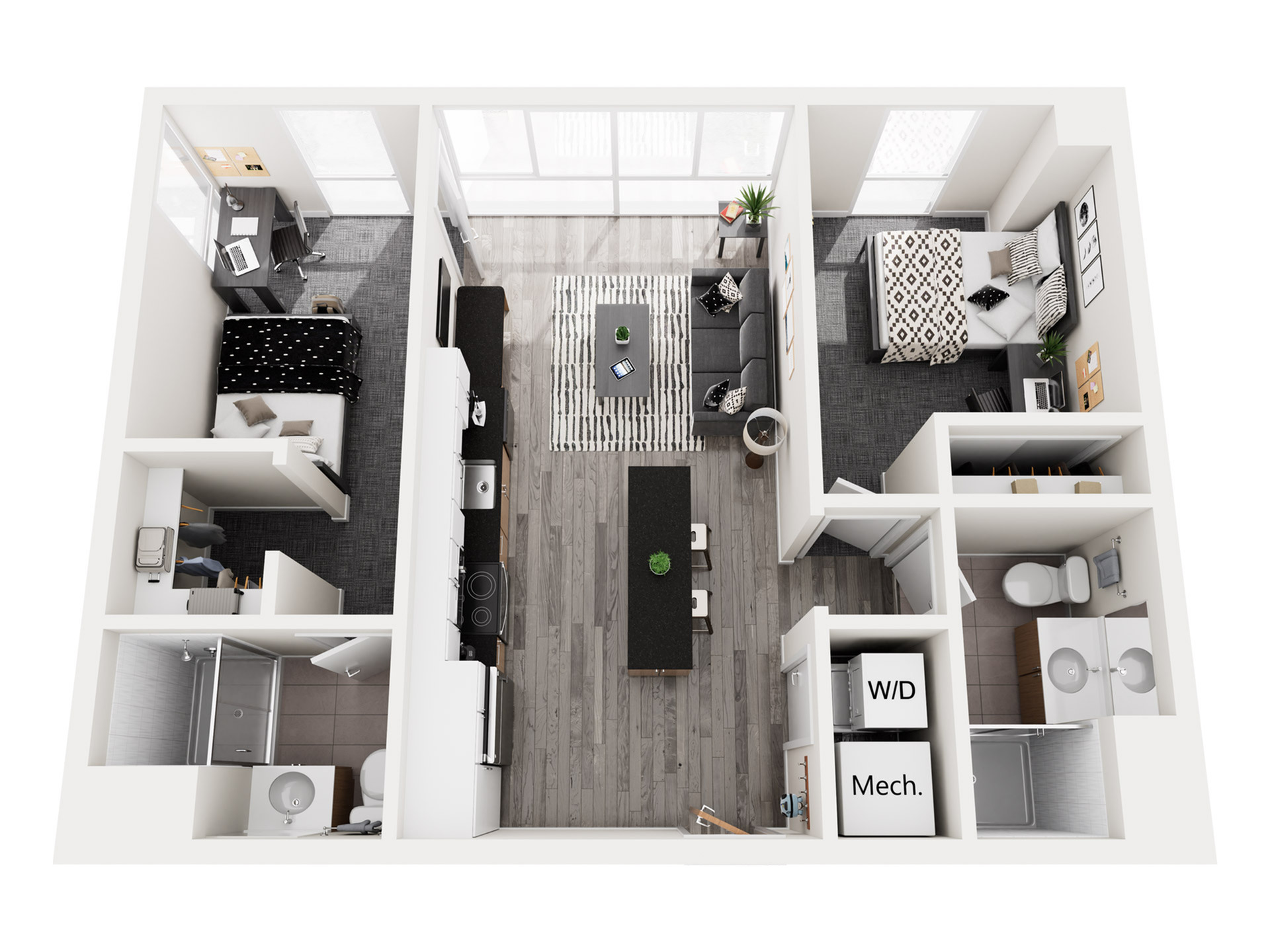 Modern 3D floor plan with two cozy bedrooms, sleek kitchen with island, and an inviting open-concept living area. Includes two well-appointed bathrooms and in-unit laundry for convenient living.