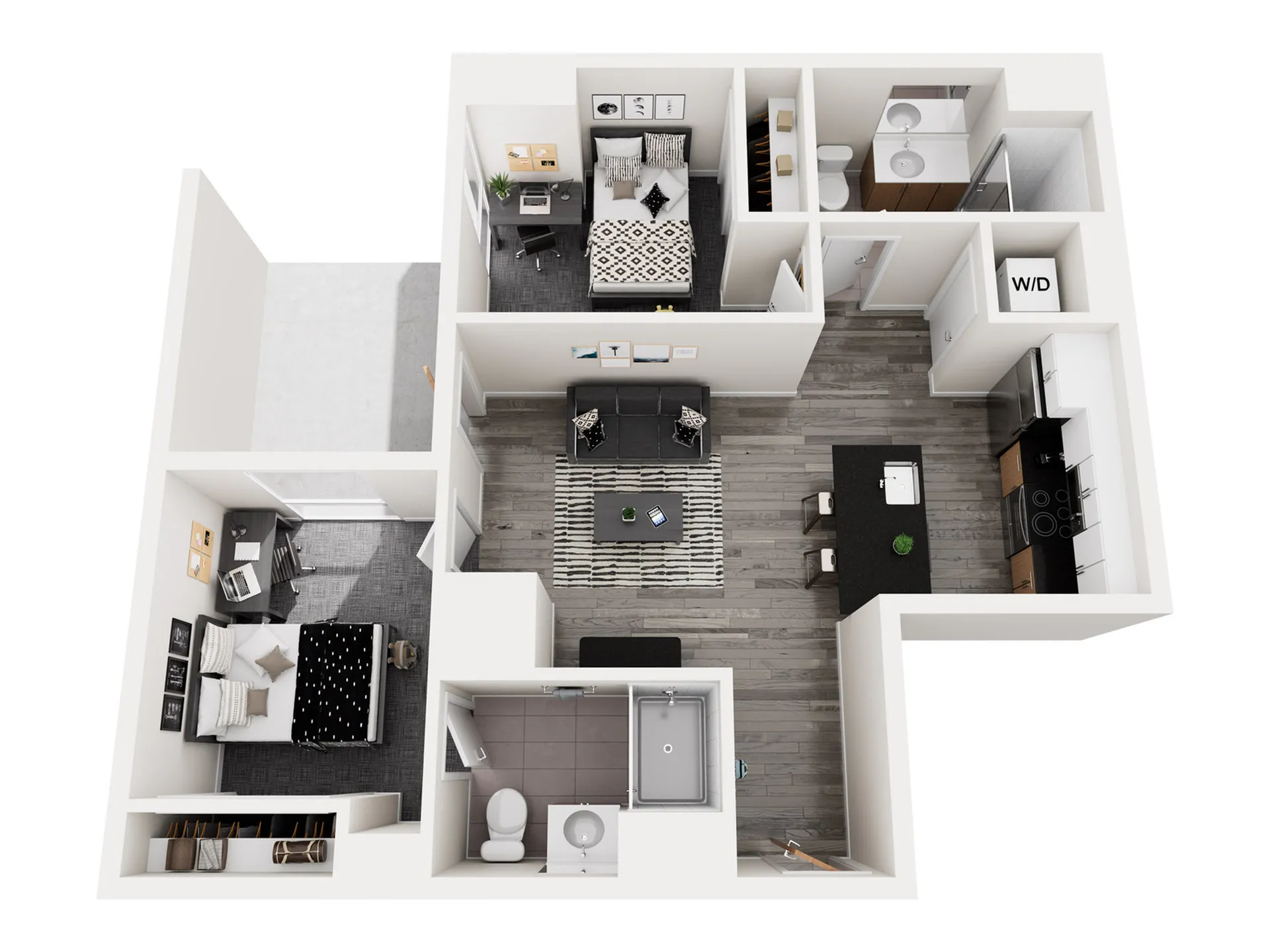 Modern 3D apartment floor plan featuring two stylish bedrooms, a spacious living area, sleek kitchen with island, two elegant bathrooms, and a convenient laundry space.