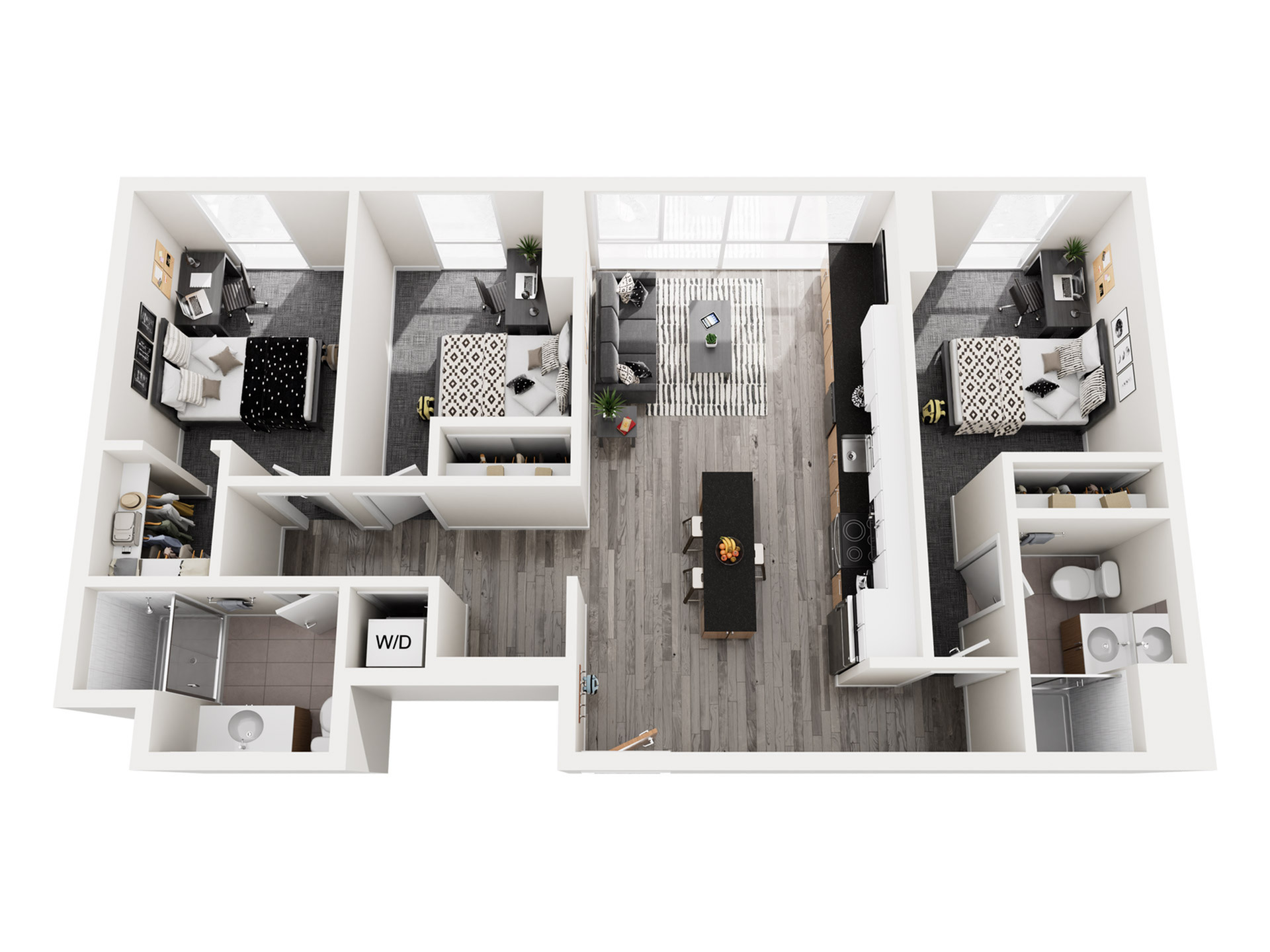 Modern 3D floor plan showcasing two spacious bedrooms, sleek kitchen with island, cozy living room, and two stylish bathrooms.