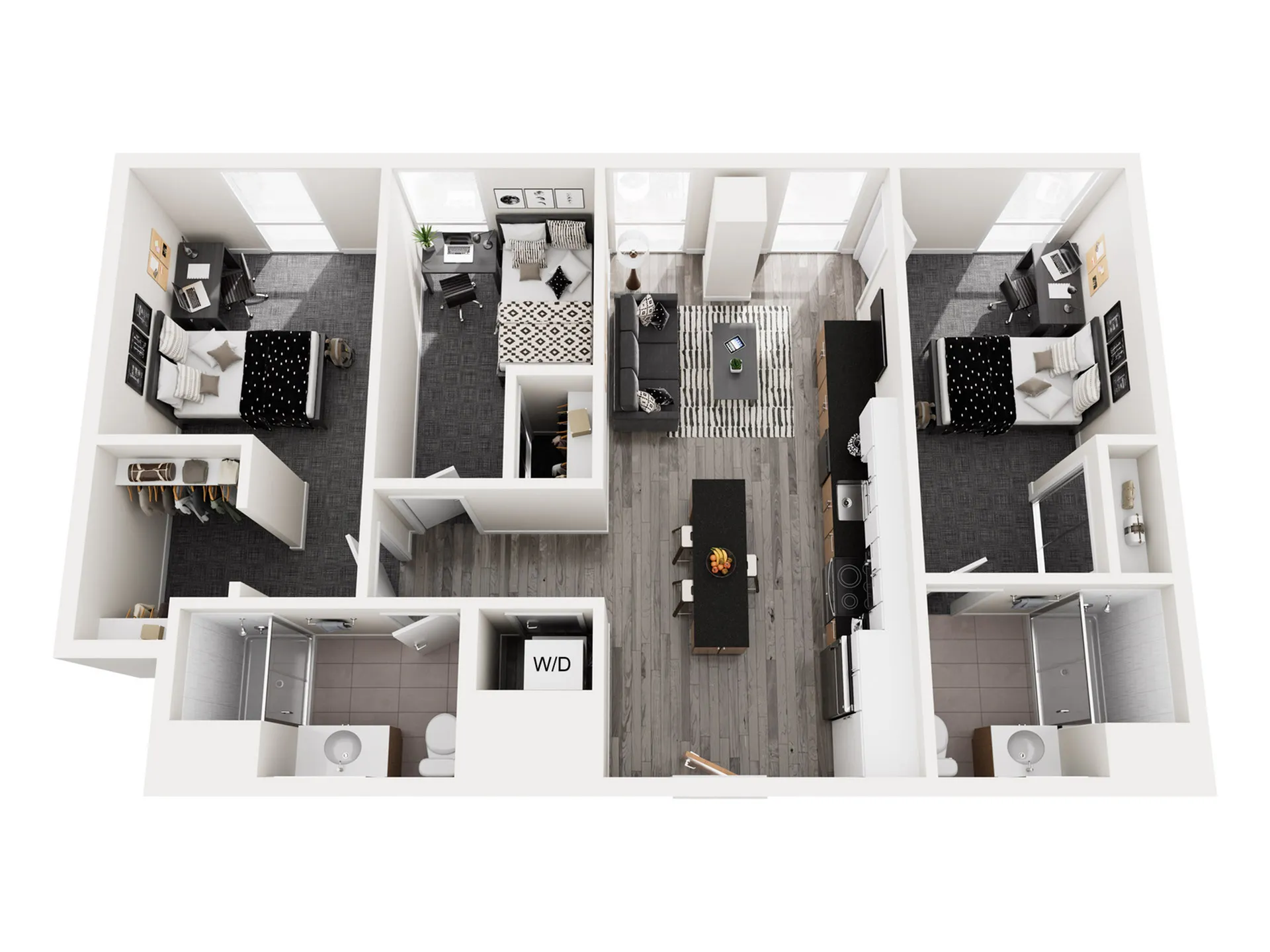 Modern 3D floor plan showcasing 3 bedrooms, an elegant kitchen, and a cozy living area, perfect for a stylish urban lifestyle.