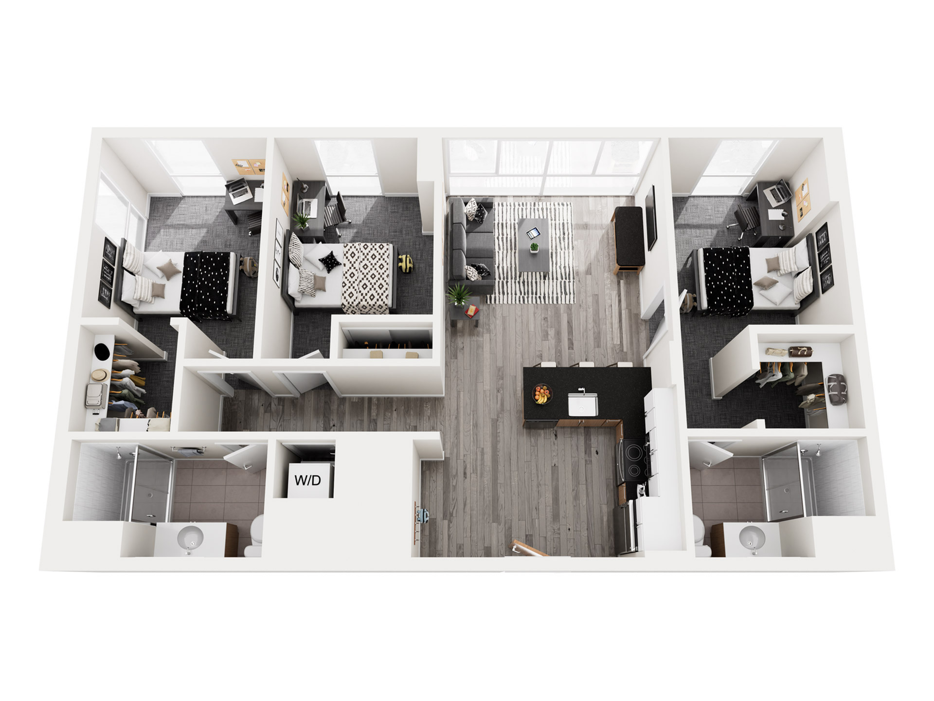 Modern 3D floor plan showcasing three elegant bedrooms, an open living area, and a stylish kitchen with island, perfect for contemporary living.