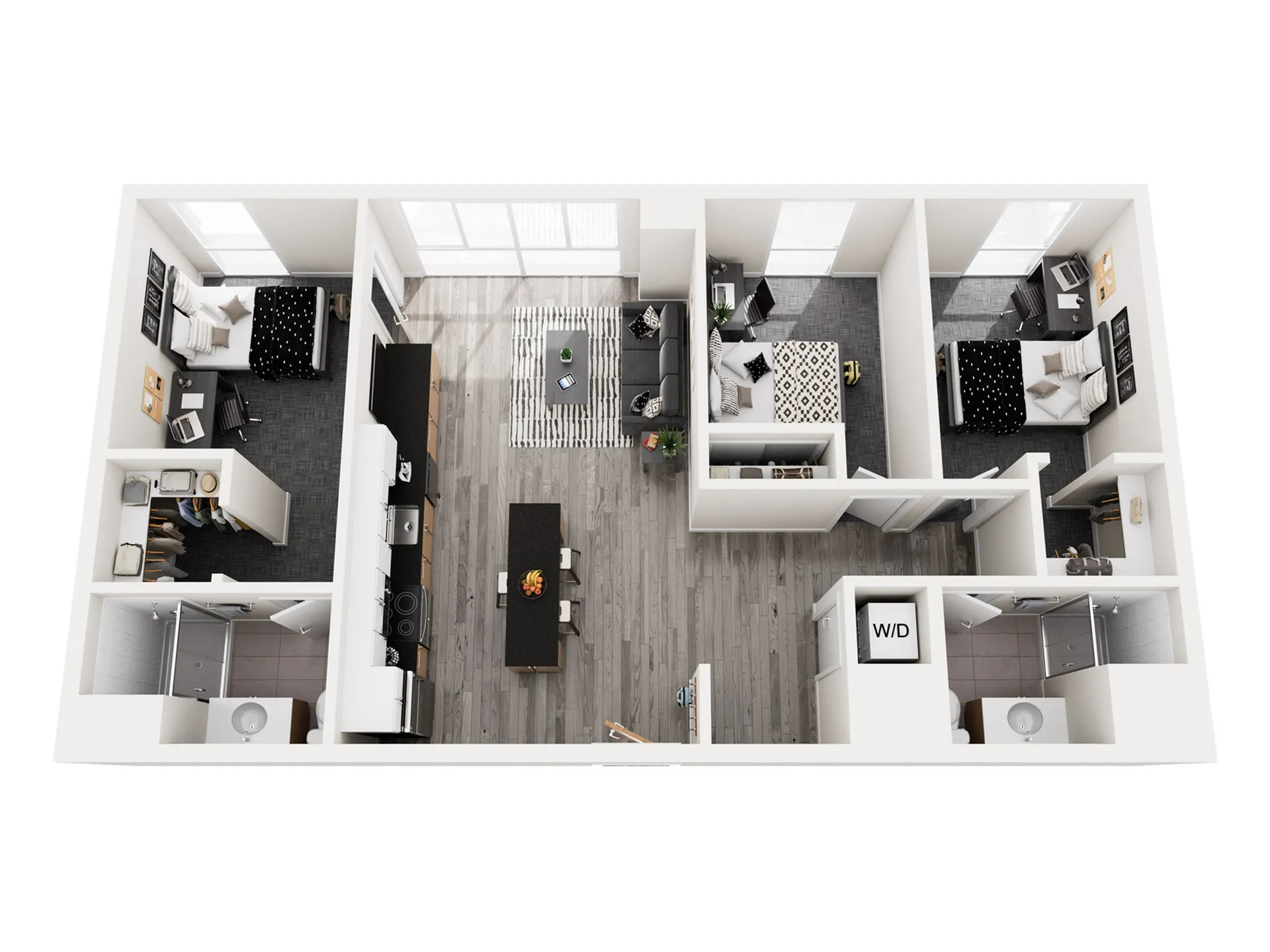 Modern 3-bedroom apartment floor plan with open-concept kitchen, cozy living area, and stylish bathrooms.