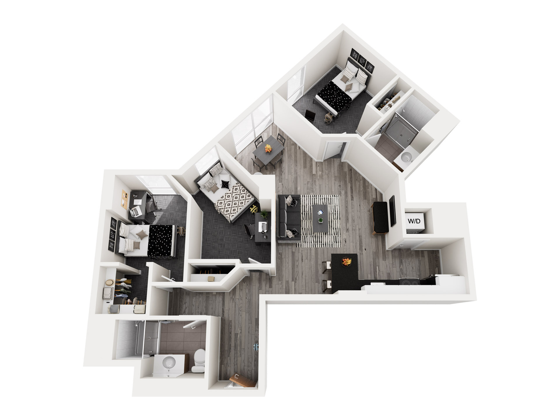 Modern 3D floor plan showcasing 3 bedrooms, a stylish open-concept living room, kitchen with island, and in-unit washer/dryer.