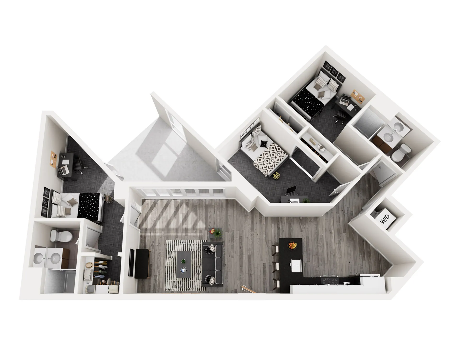 Modern 3D floor plan showcasing a spacious two-bedroom apartment with a stylish open-concept living area, sleek kitchen, and two elegant bathrooms.