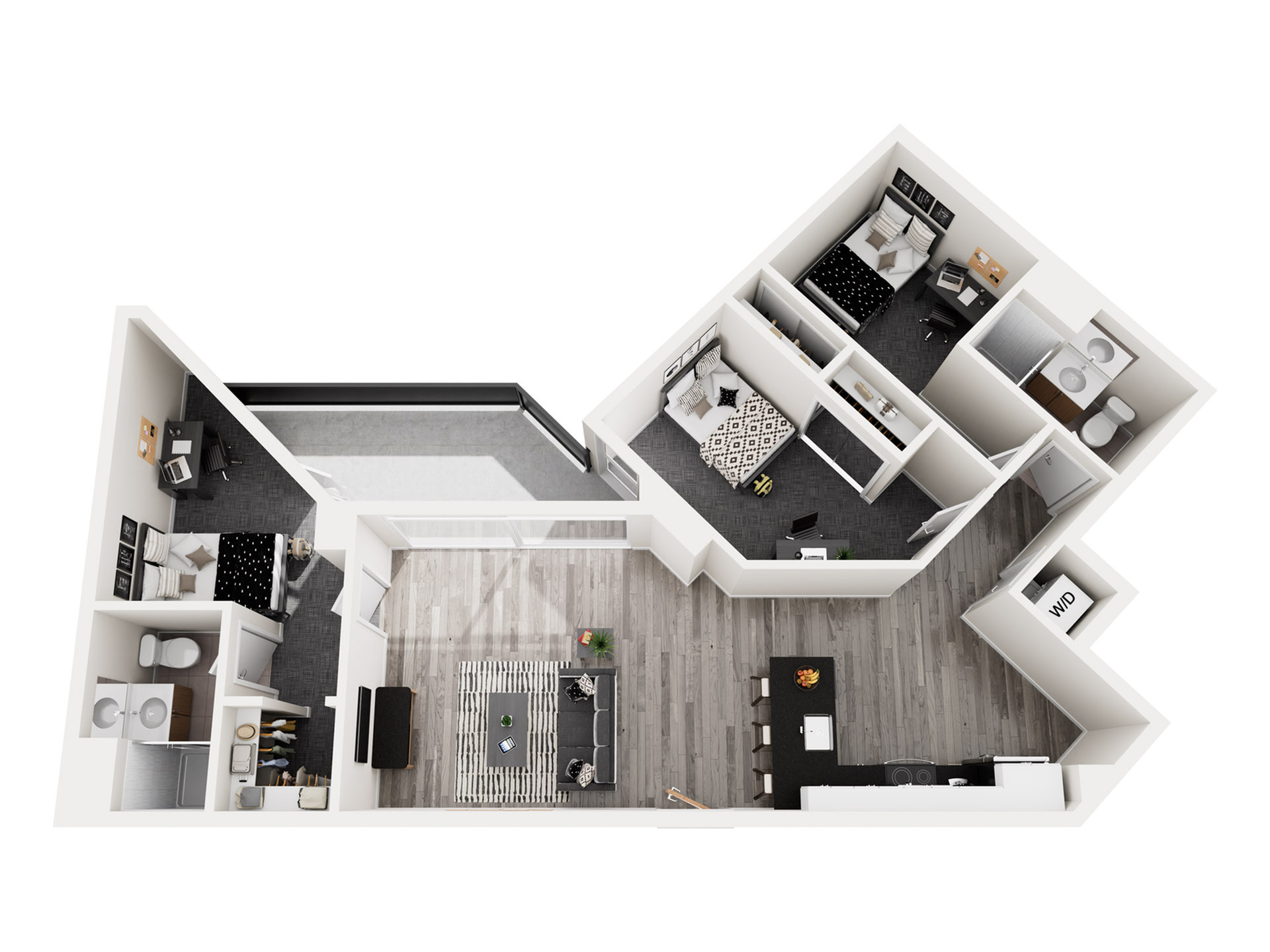 Modern 3D floor plan showcasing 2 cozy bedrooms, sleek kitchen with dining area, and inviting living room, featuring elegant design and functional layout.