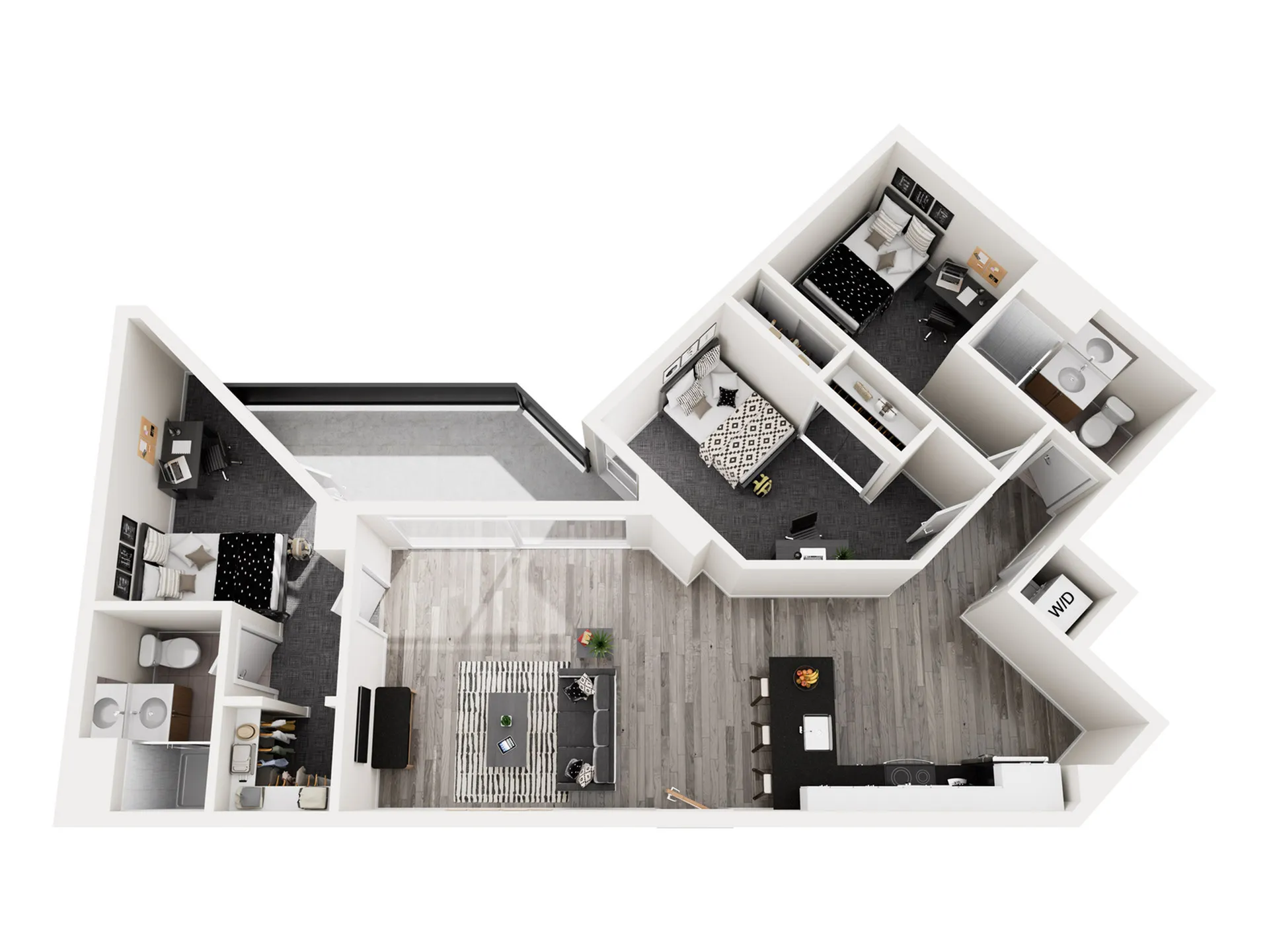 Modern 3D floor plan featuring two cozy bedrooms, a spacious open-concept living space, sleek kitchen with an island, and two stylish bathrooms.