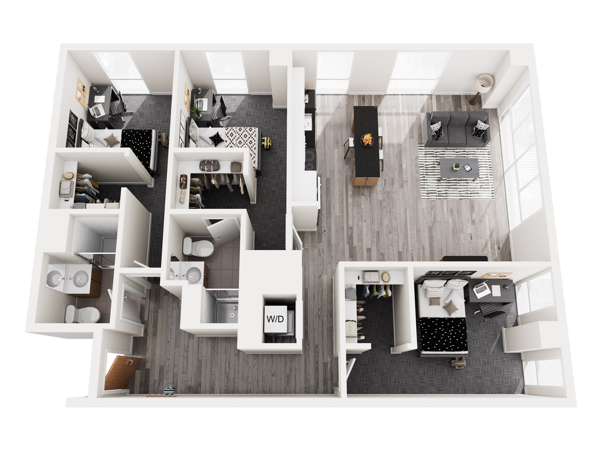 Modern 3D floor plan showcasing two bedrooms, two bathrooms, stylish open-concept kitchen with island, and sleek living area with abundant natural light.