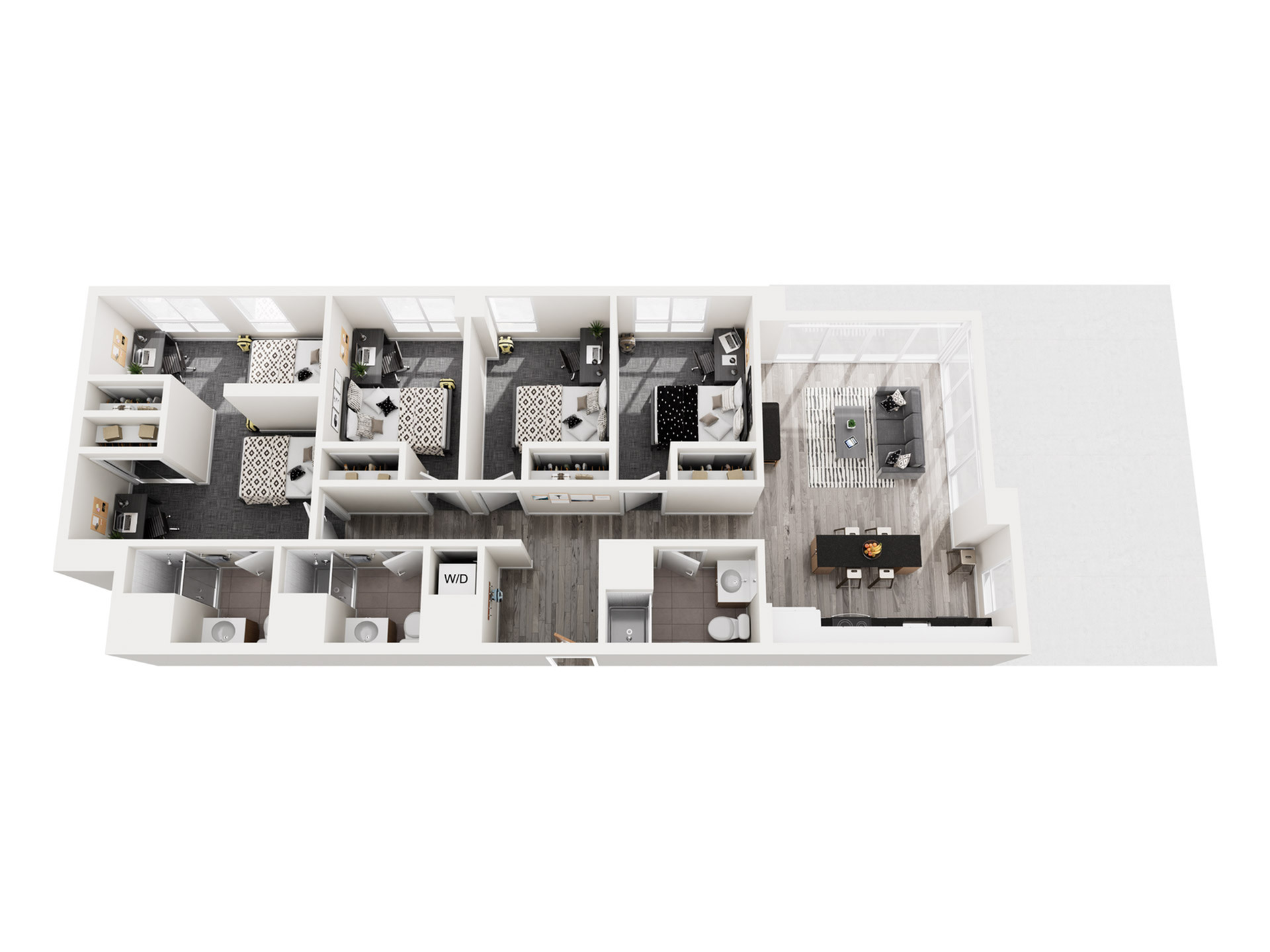 Modern 3D floor plan showcasing a spacious apartment with four bedrooms, stylish bathrooms, cozy living area, and an open kitchen, perfect for contemporary living.