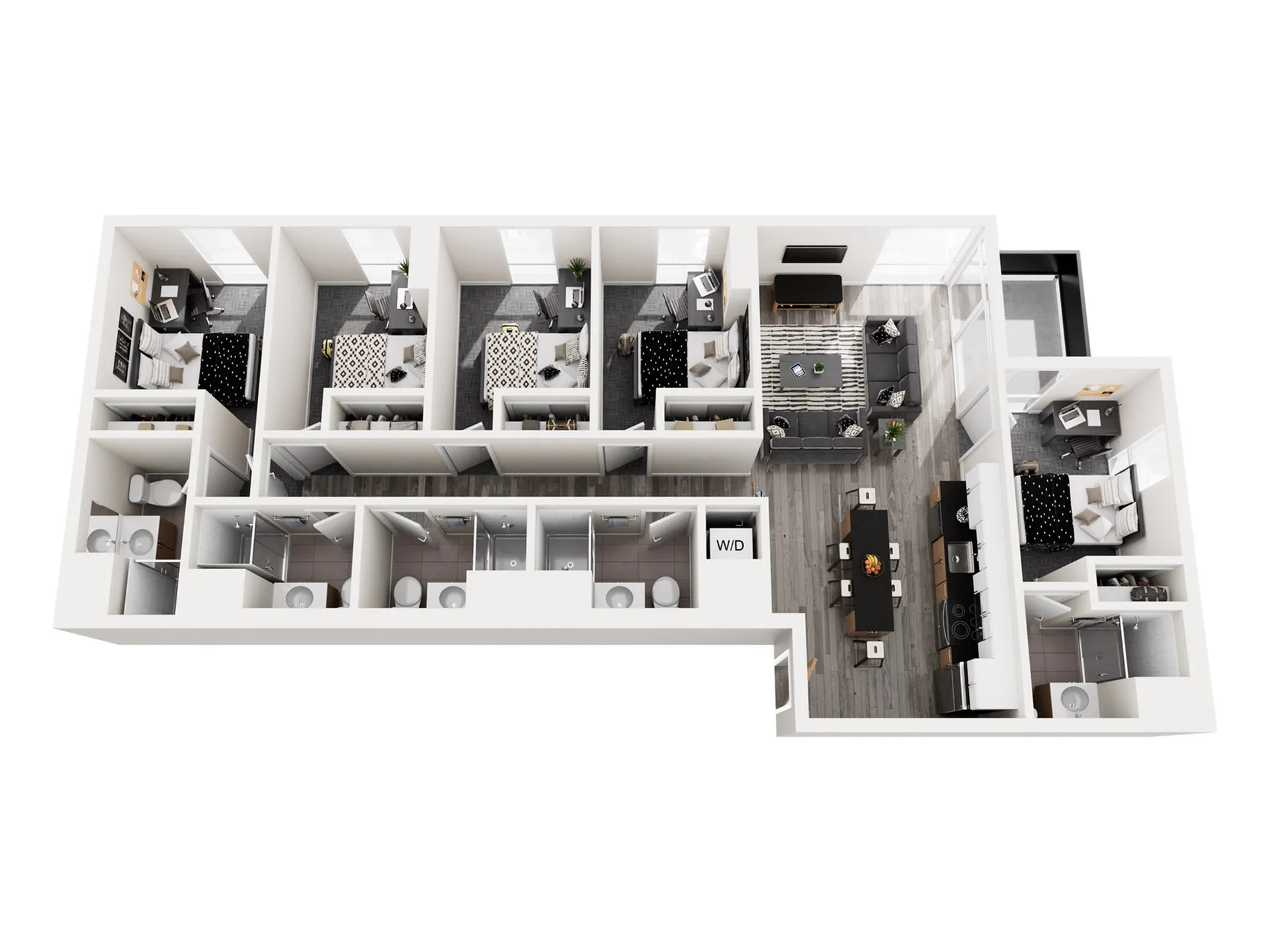 Spacious 3D floor plan with 3 bedrooms, a modern open-concept living and dining area, and sleek kitchen design.