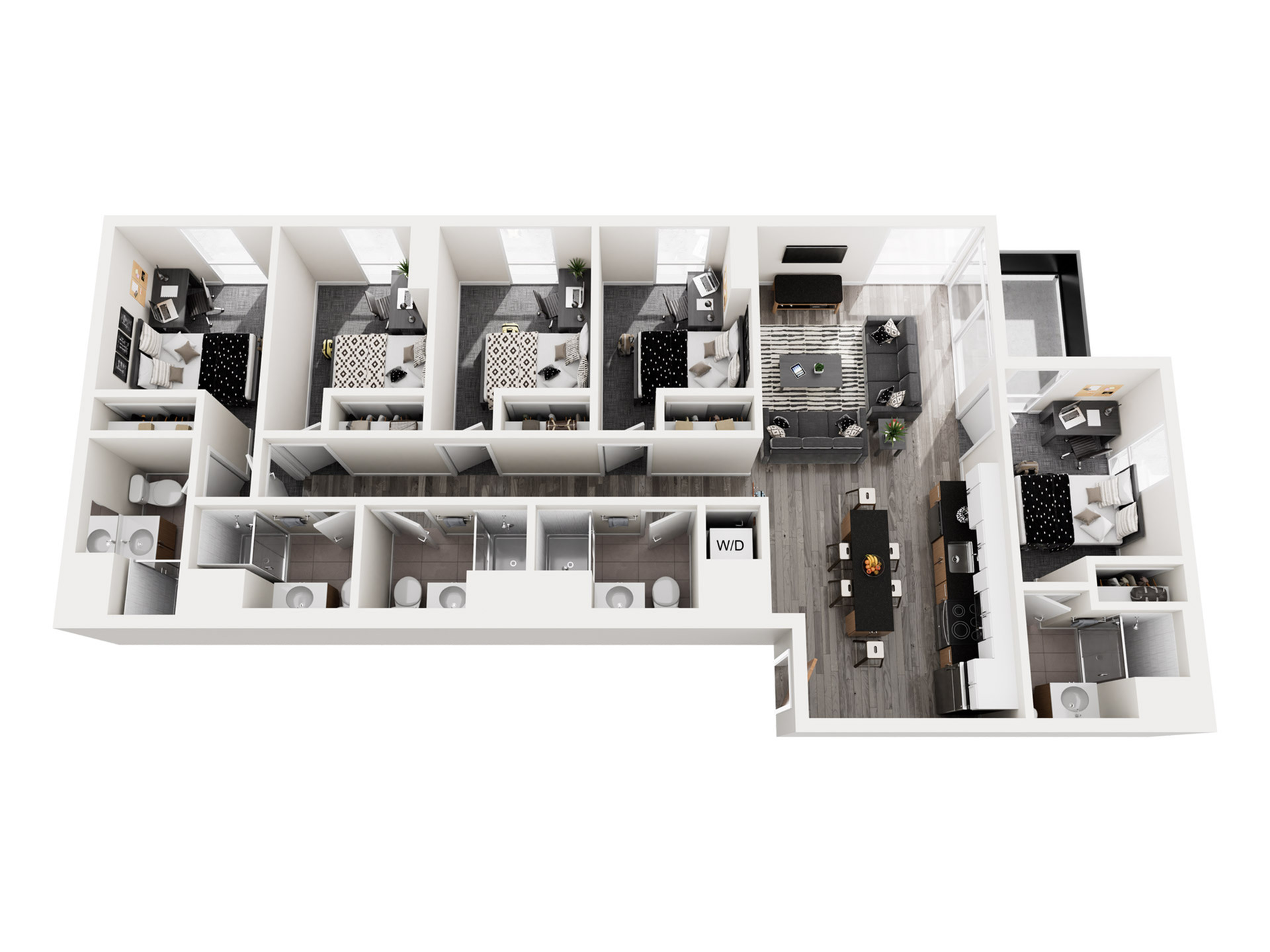 Modern apartment floor plan featuring 3 bedrooms, stylish open living area, sleek kitchen, and multiple bathrooms with washer/dryer unit.