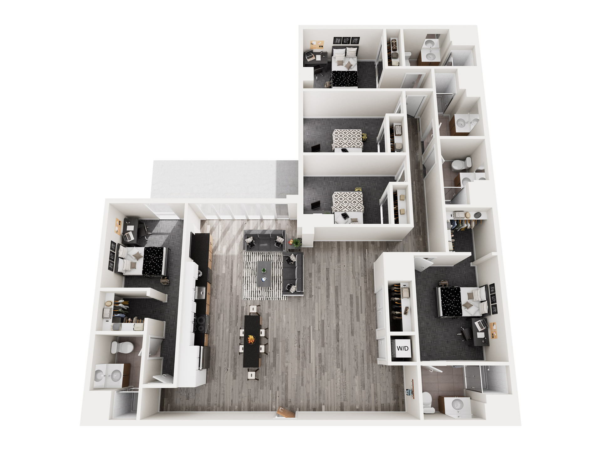 Modern floor plan showcasing 4 bedrooms, spacious living area, sleek kitchen, and multiple bathrooms with stylish design.