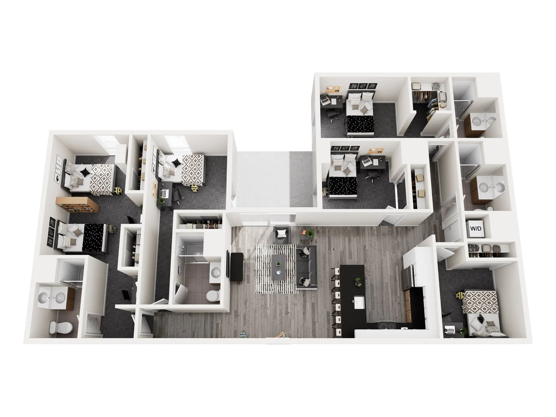 Modern 3D floor plan showcasing four bedrooms, two stylish bathrooms, a chic open-concept living and dining area, and a sleek kitchen with an island.