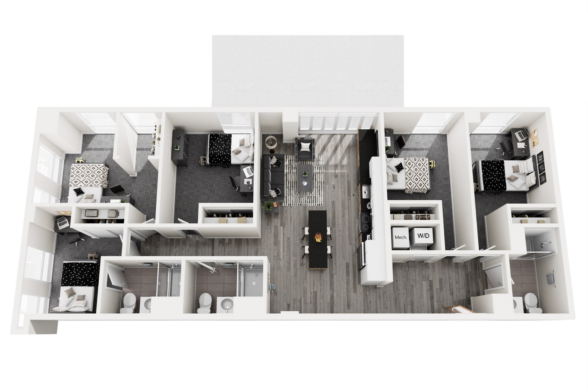 Elegant 3D floor plan showcasing three spacious bedrooms, modern open-concept kitchen, cozy living area, and two bathrooms.