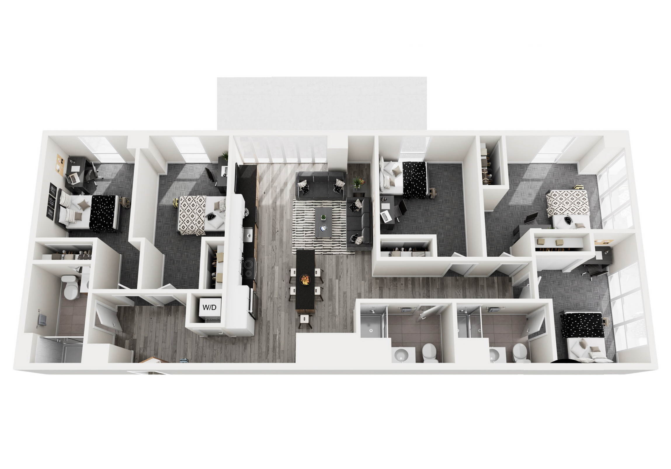 Modern 3D floor plan showcasing a luxurious three-bedroom apartment with spacious living area, stylish kitchen, and elegant bathrooms.
