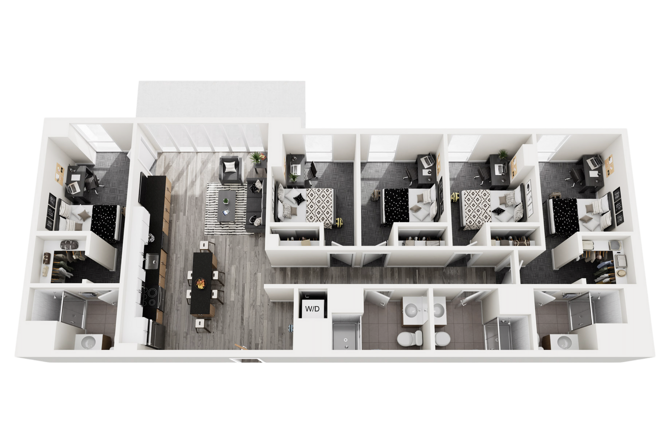 Modern apartment floor plan featuring four spacious bedrooms, open-plan living and dining area, sleek kitchen, and two bathrooms with contemporary finishes.