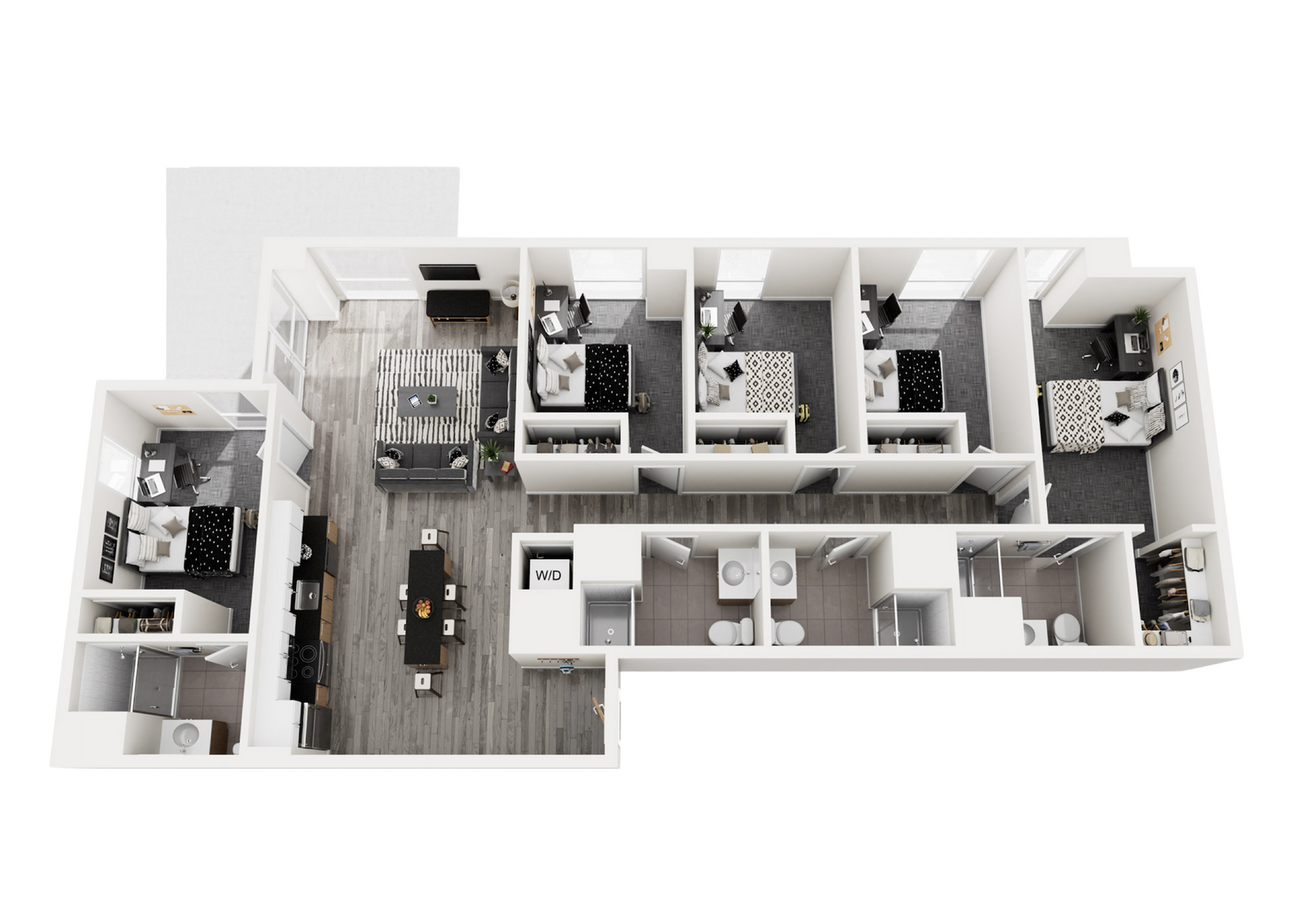 Modern 3D floor plan showcasing 4 spacious bedrooms, elegant living area, and a stylish kitchen with breakfast bar.