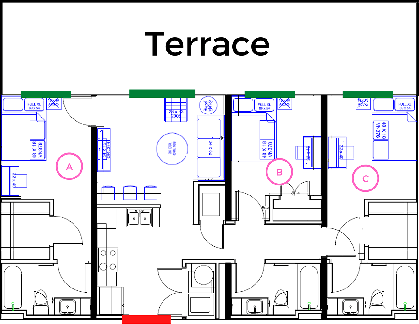 Elegant floor plan showcasing a three-unit apartment with private terraces, modern kitchens, and spacious bathrooms.