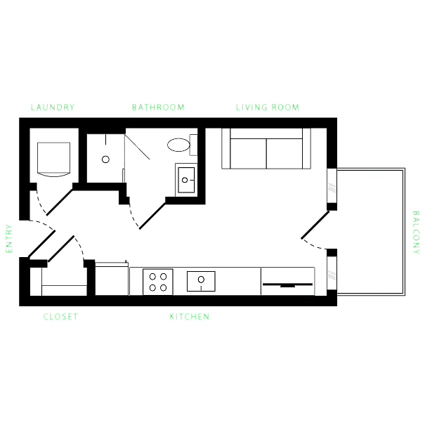 Modern apartment floor plan featuring a cozy living room, functional kitchen, bathroom, and convenient laundry area with a spacious balcony.