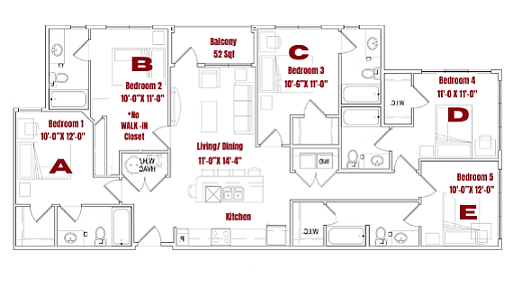 Expansive E2 5x5 floor plan showcasing 5 bedrooms, an open living/dining area, modern kitchen, and a charming balcony.
