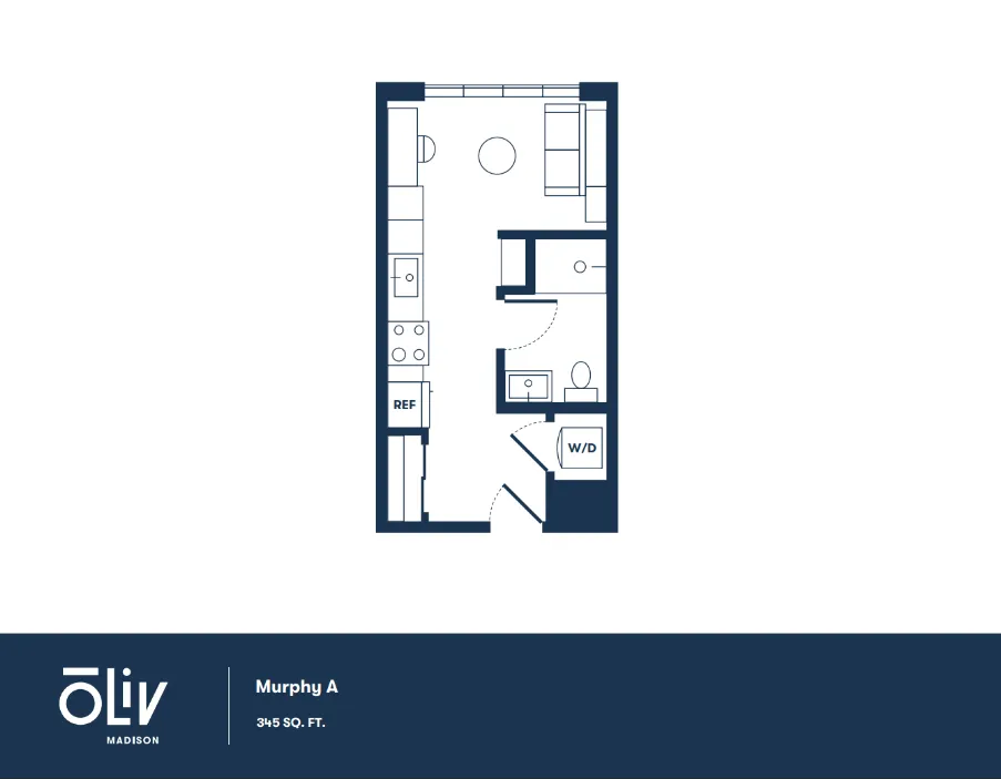 Modern floor plan for Murphy A unit featuring an open living space, compact kitchen, and efficient layout in 345 sq. ft.