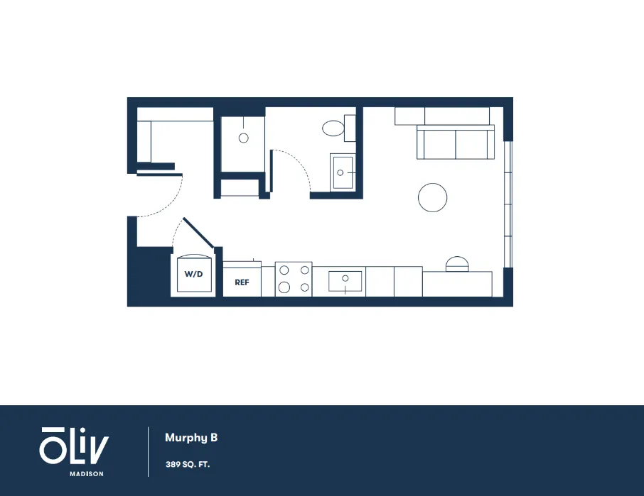 Contemporary studio apartment floor plan, Murphy B, with open living space and smart layout, 389 sq ft.
