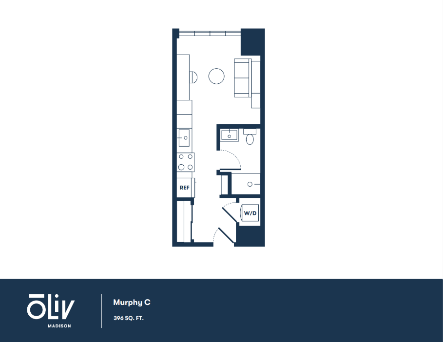 Efficient Murphy C floor plan featuring a cozy living area, modern kitchen, and convenient laundry setup in 396 sq. ft.