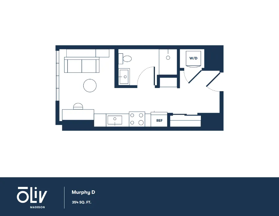 Compact and efficient 354 sq ft floor plan featuring a cozy living space, modern kitchen, and convenient in-unit washer/dryer.