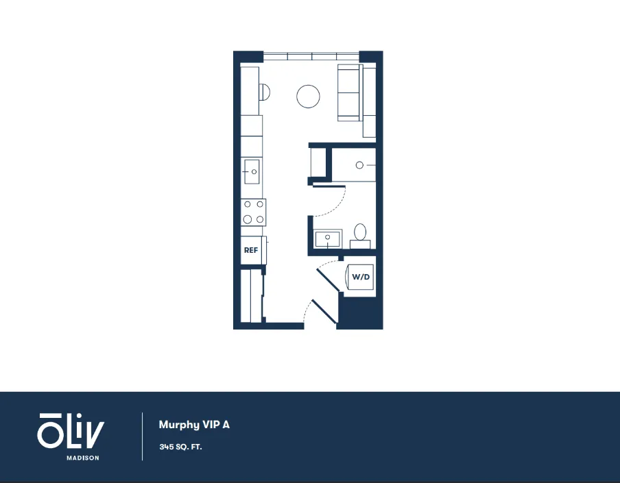 Compact floor plan featuring a Murphy bed space, open living area with kitchen, and modern bathroom layout at Oliv Madison, 345 sq ft.