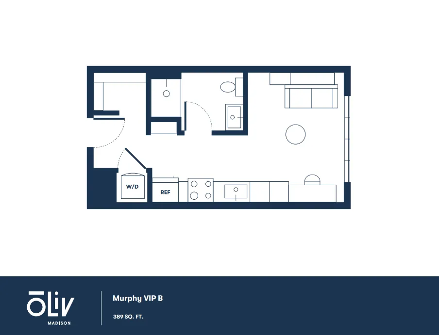 Modern Murphy VIP B floor plan with a compact layout, featuring open-concept living area, cozy bedroom, and efficient kitchen in 389 sq. ft.