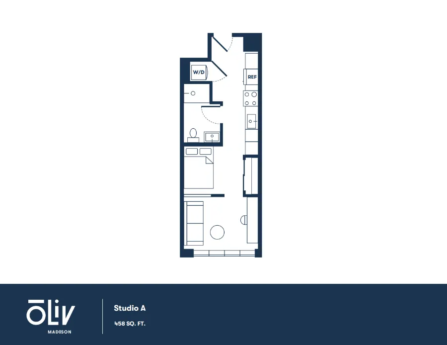 Efficient Studio A floor plan at Oliv Madison featuring a modern open layout with living area, kitchenette, and well-appointed bathroom, totaling 458 sq ft.