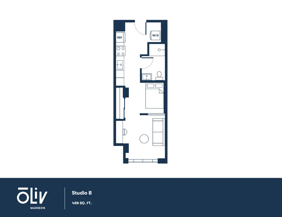 Modern Studio B floor plan showcasing an efficient layout with integrated kitchen, cozy living area, and convenient washer/dryer, 488 sq ft.