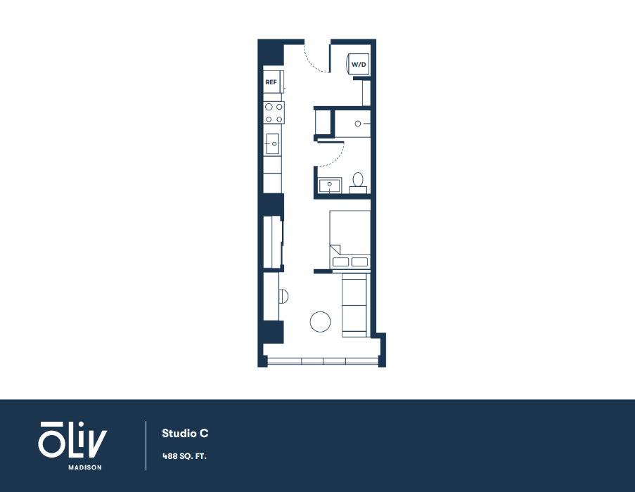 Chic Studio C floor plan featuring a modern open layout with a cozy living area, efficient kitchenette, and convenient in-unit washer and dryer in 488 sq ft.